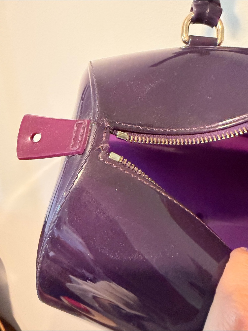 Furla Candy Glossy Purple Patent Satchel with Gold Hardware - Picture 3 of 9